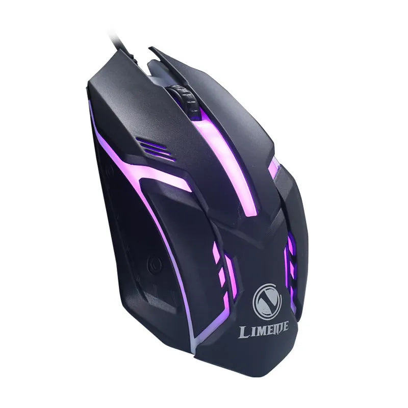 Black wired computer mouse with colourful side glow lighting and USB cable