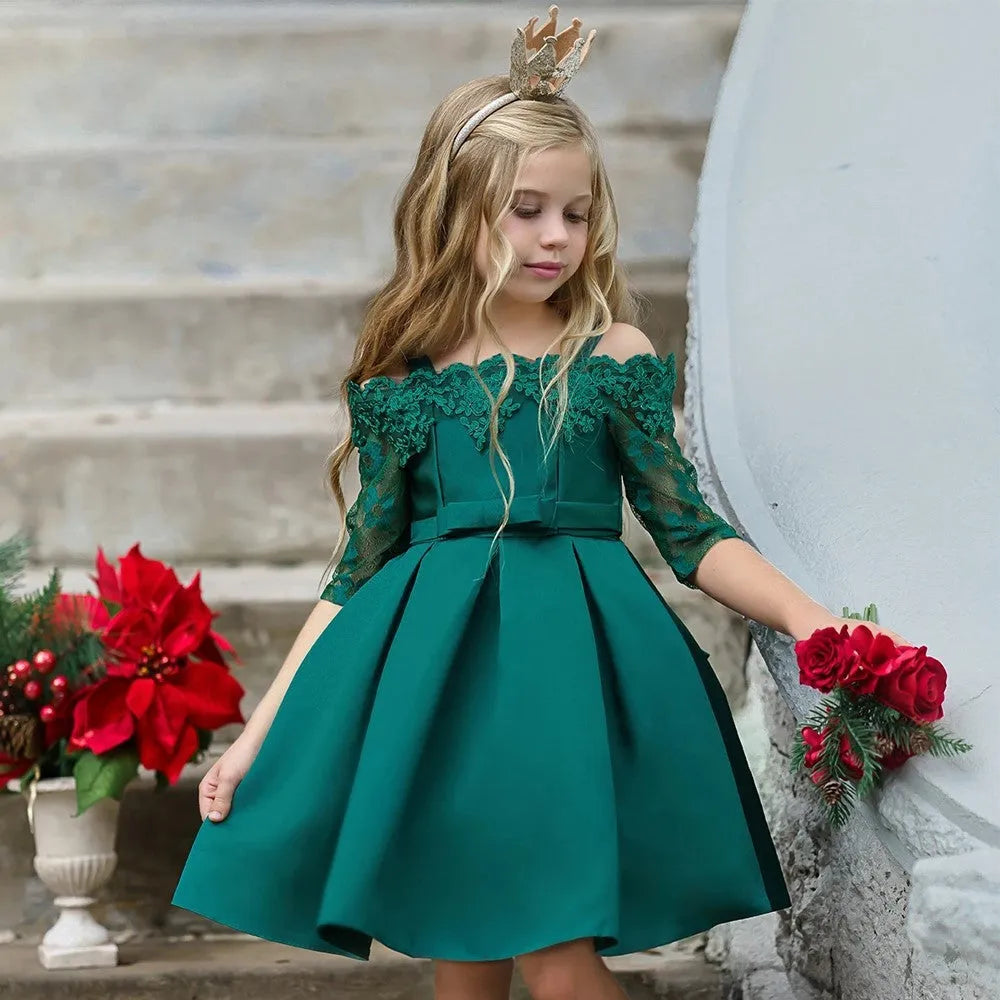 Girls' simple lace dress in polyester available in red, pink, white, green and dark red.