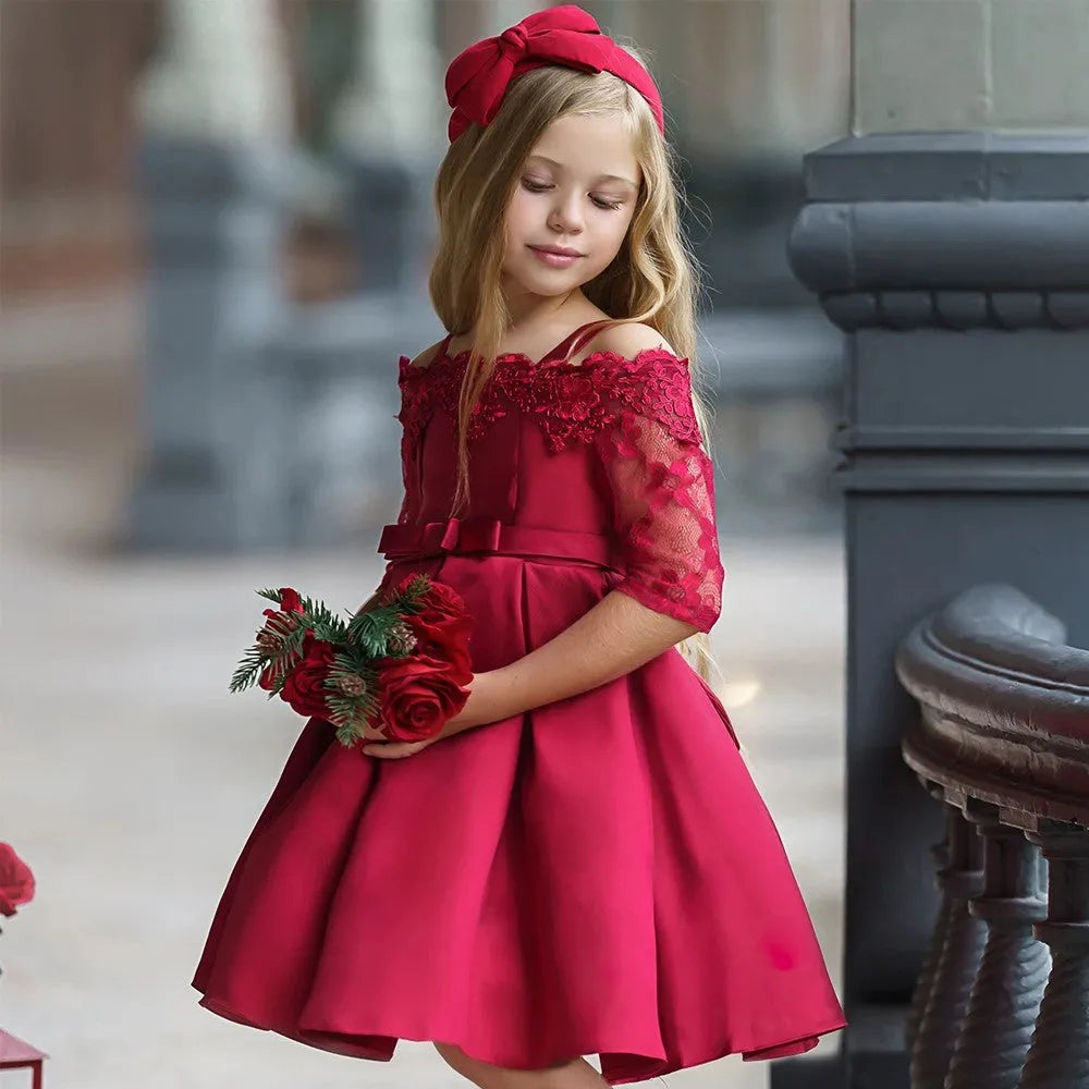 Girls' simple lace dress in polyester available in red, pink, white, green and dark red.
