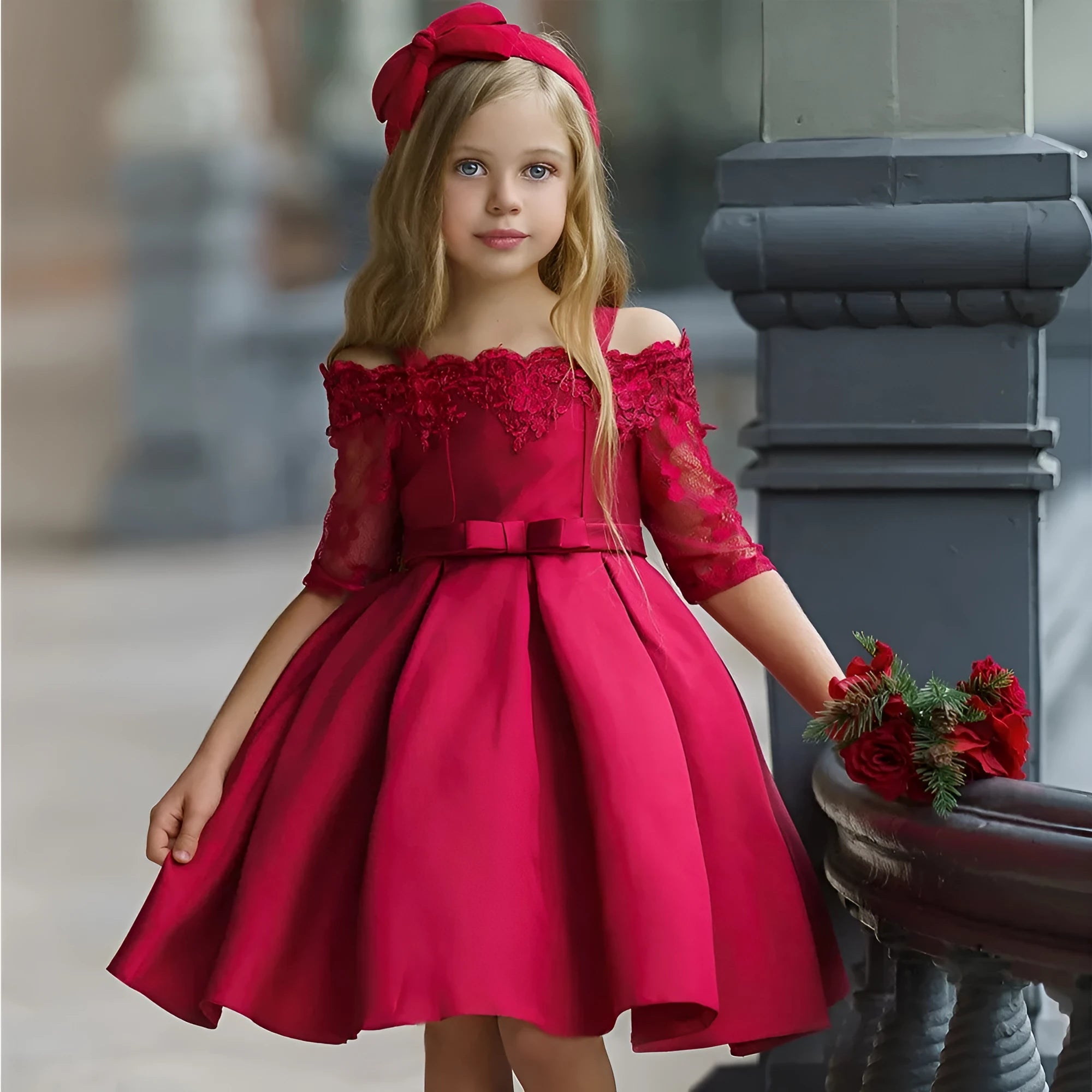 Girls' simple lace dress in polyester available in red, pink, white, green and dark red.