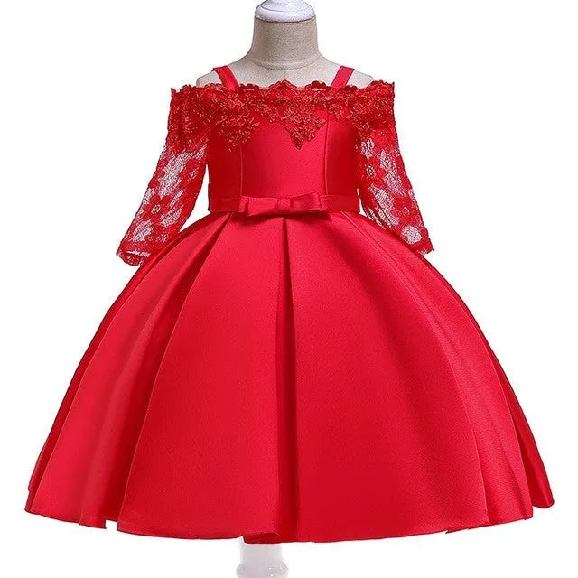 Girls' simple lace dress in polyester available in red, pink, white, green and dark red.