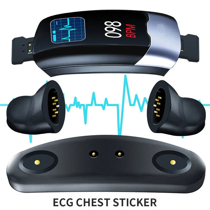 Black smart health bracelet with digital display showing heart rate data.