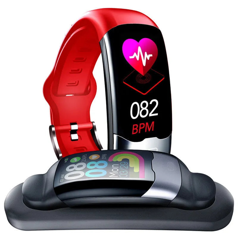 Black smart health bracelet with digital display showing heart rate data.