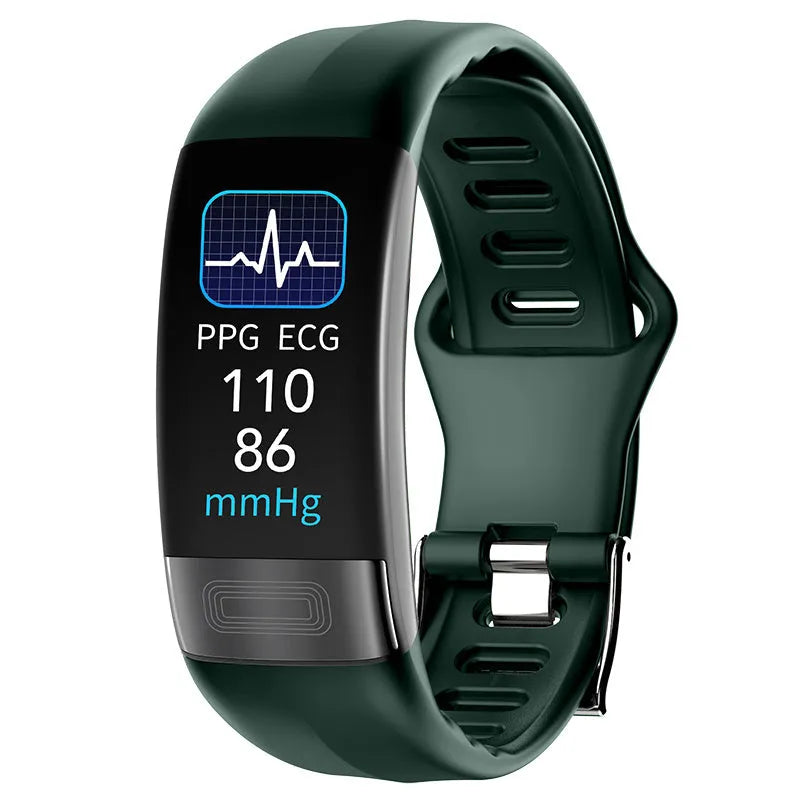 Black smart health monitoring bracelet with ECG heart rate blood pressure tracking on wrist