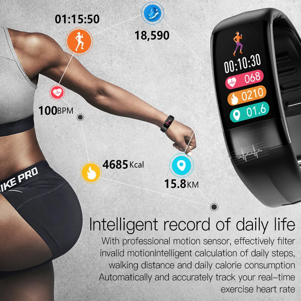 Black smart health monitoring bracelet with ECG heart rate blood pressure tracking on wrist