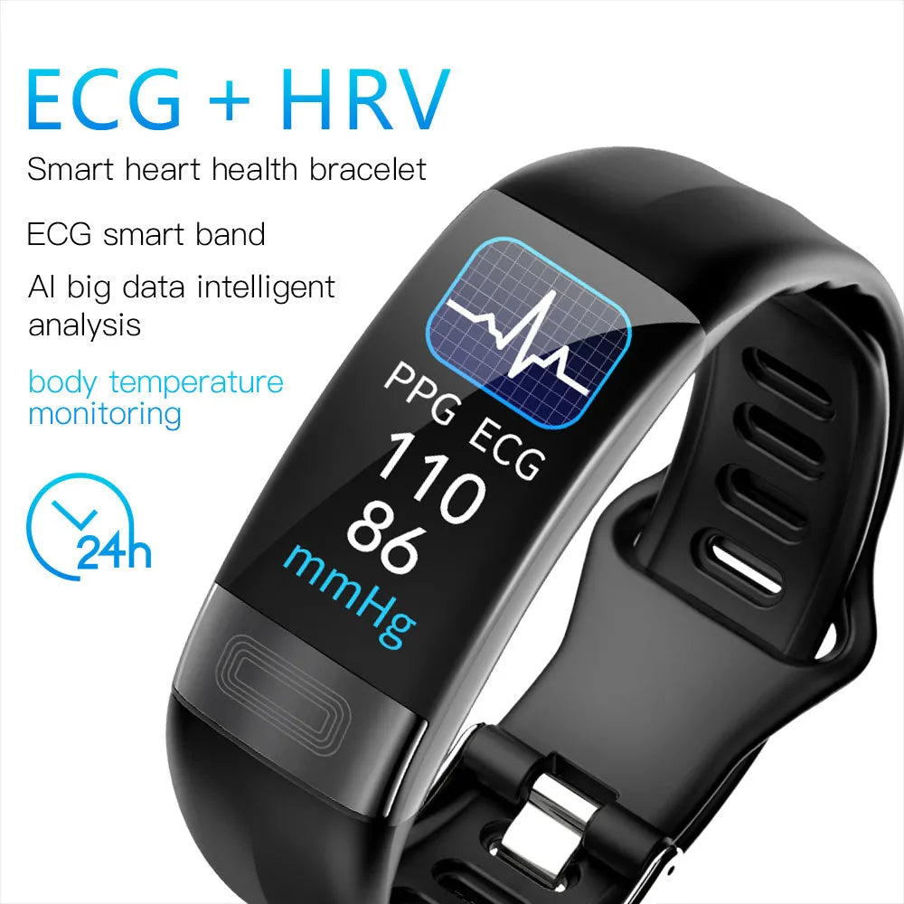 Black smart health monitoring bracelet with ECG heart rate blood pressure tracking on wrist