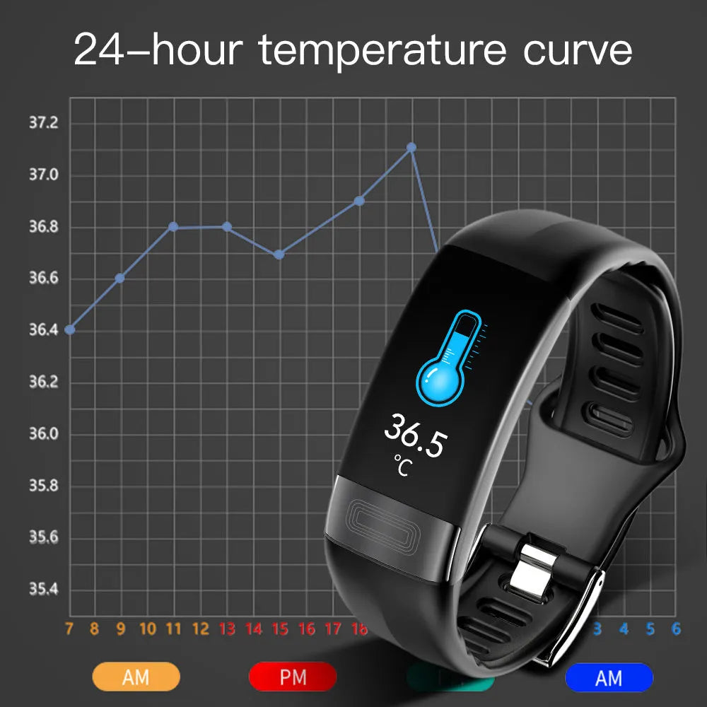 Black smart health monitoring bracelet with ECG heart rate blood pressure tracking on wrist