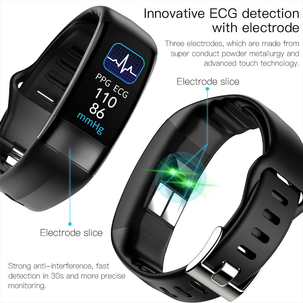 Black smart health monitoring bracelet with ECG heart rate blood pressure tracking on wrist