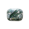 Soft blue TPU AirPods protective case with printed banana leaves tropical design.