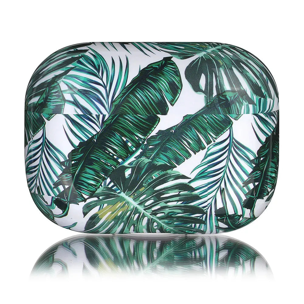 Soft blue TPU AirPods protective case with printed banana leaves tropical design.