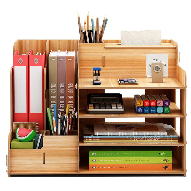 Wooden student dormitory bookshelf with stationery storage and tissue holder in light brown 28x29x39cm desktop organiser