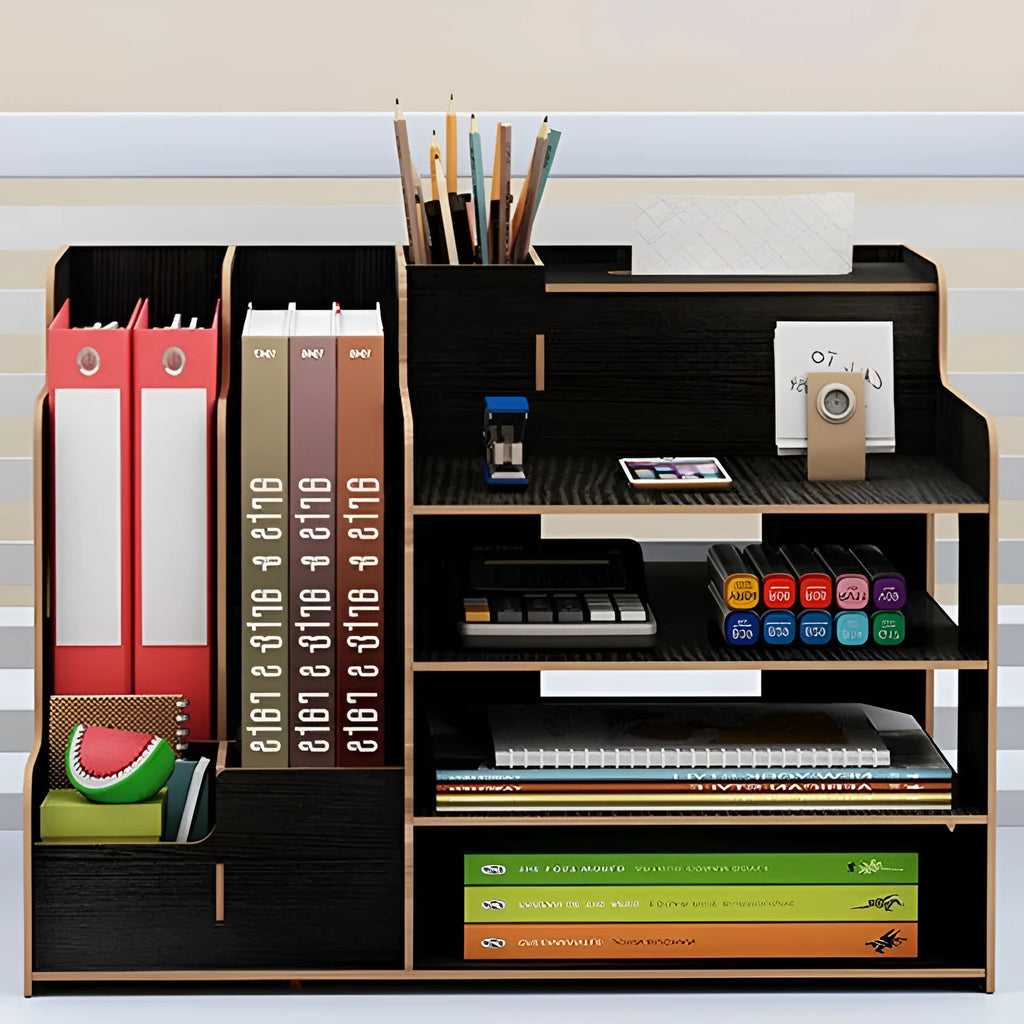 Wooden student dormitory bookshelf with stationery storage and tissue holder in light brown 28x29x39cm desktop organiser