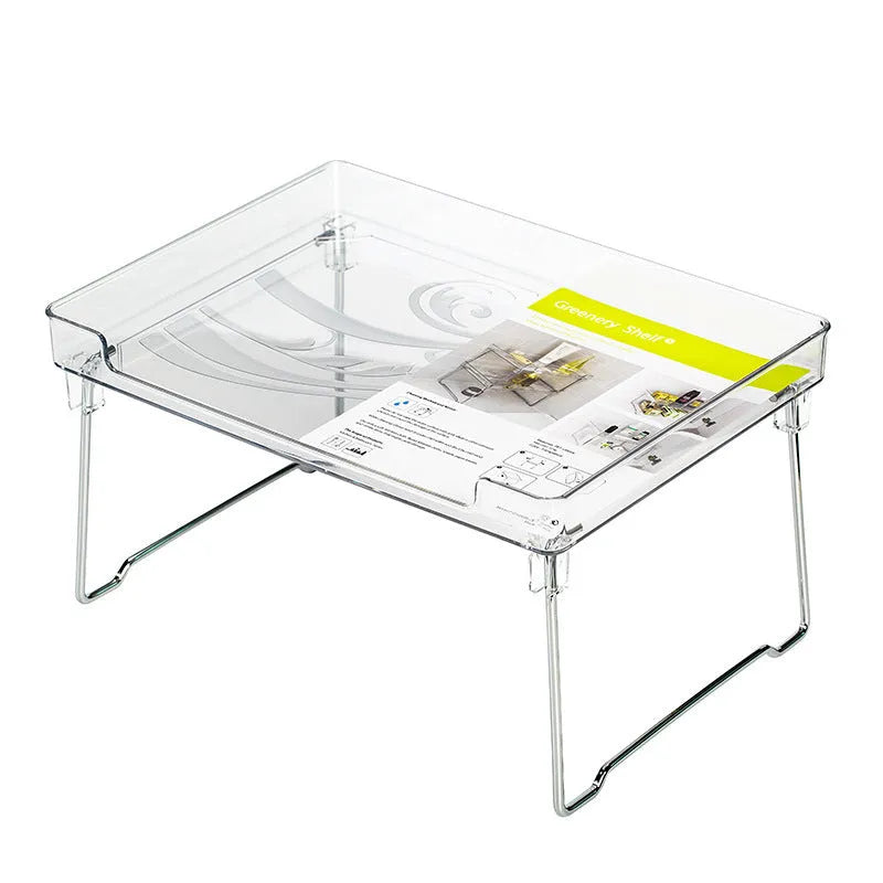 Plastic kitchen storage rack in transparent or white for cabinet and countertop organisation