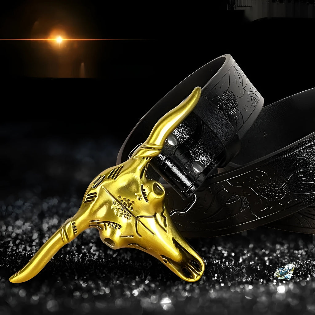 Men's leather belt with detailed cow head buckle in black or brown colour options