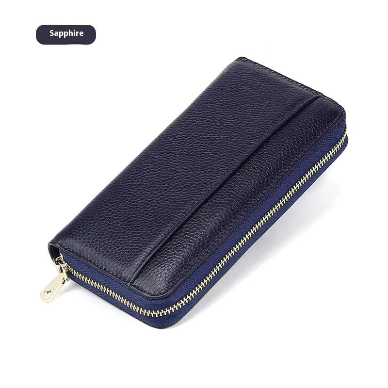 Long genuine leather women's wallet in a choice of colours showing large capacity and card slots.