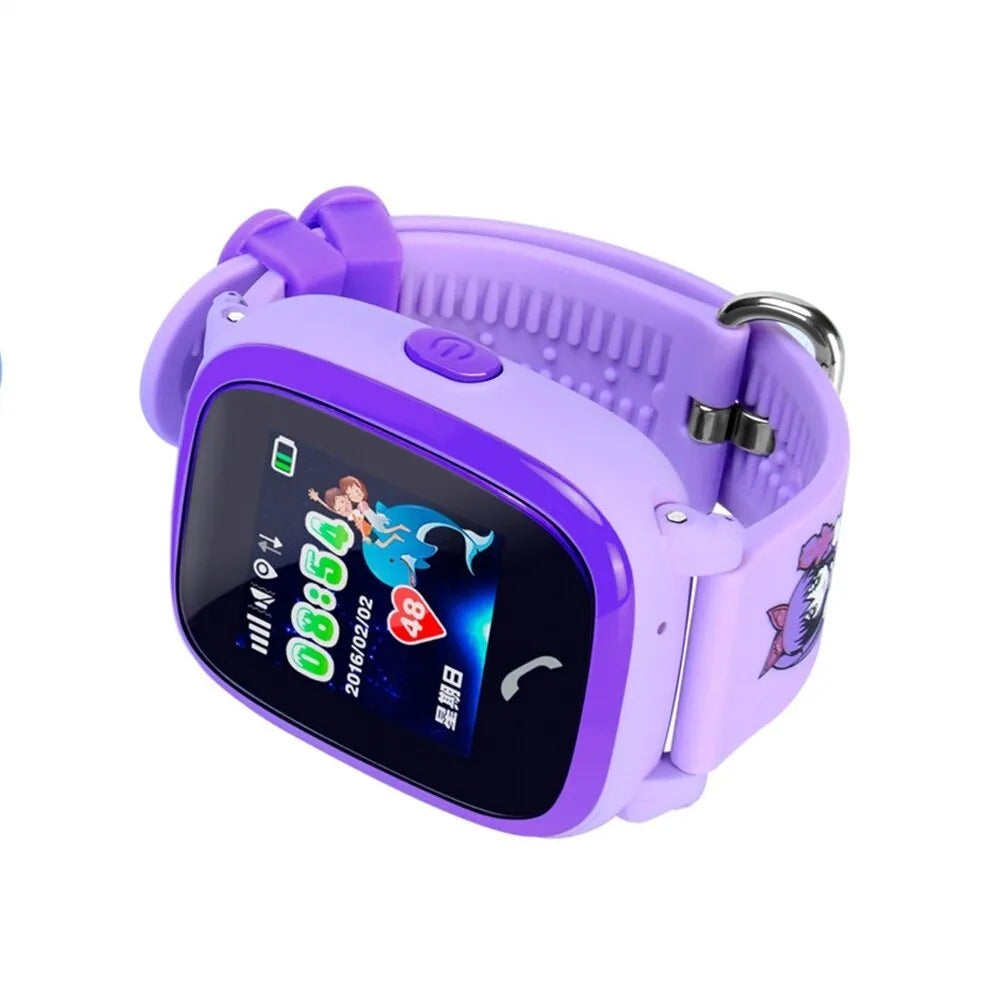 Blue children's waterproof smart watch with a silicone strap and touch screen display.