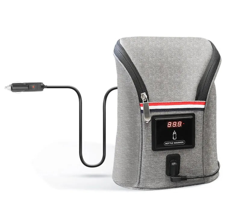 Grey Oxford cloth portable baby bottle warmer with car USB charging and temperature display