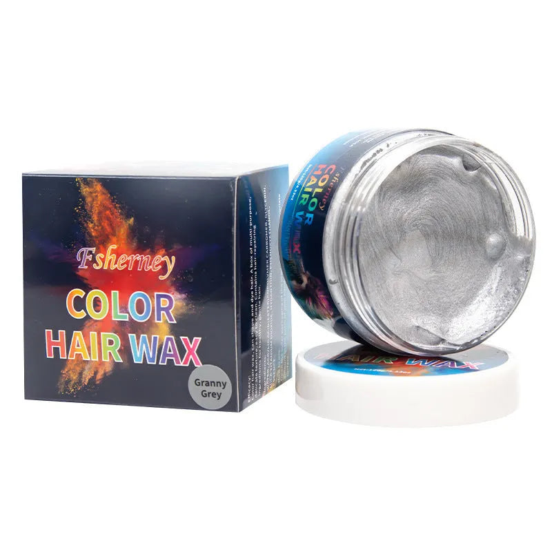 Jar of hair styling clay in one of nine colours: blue, green, purple, red, orange, yellow, white, rose red or granny grey.