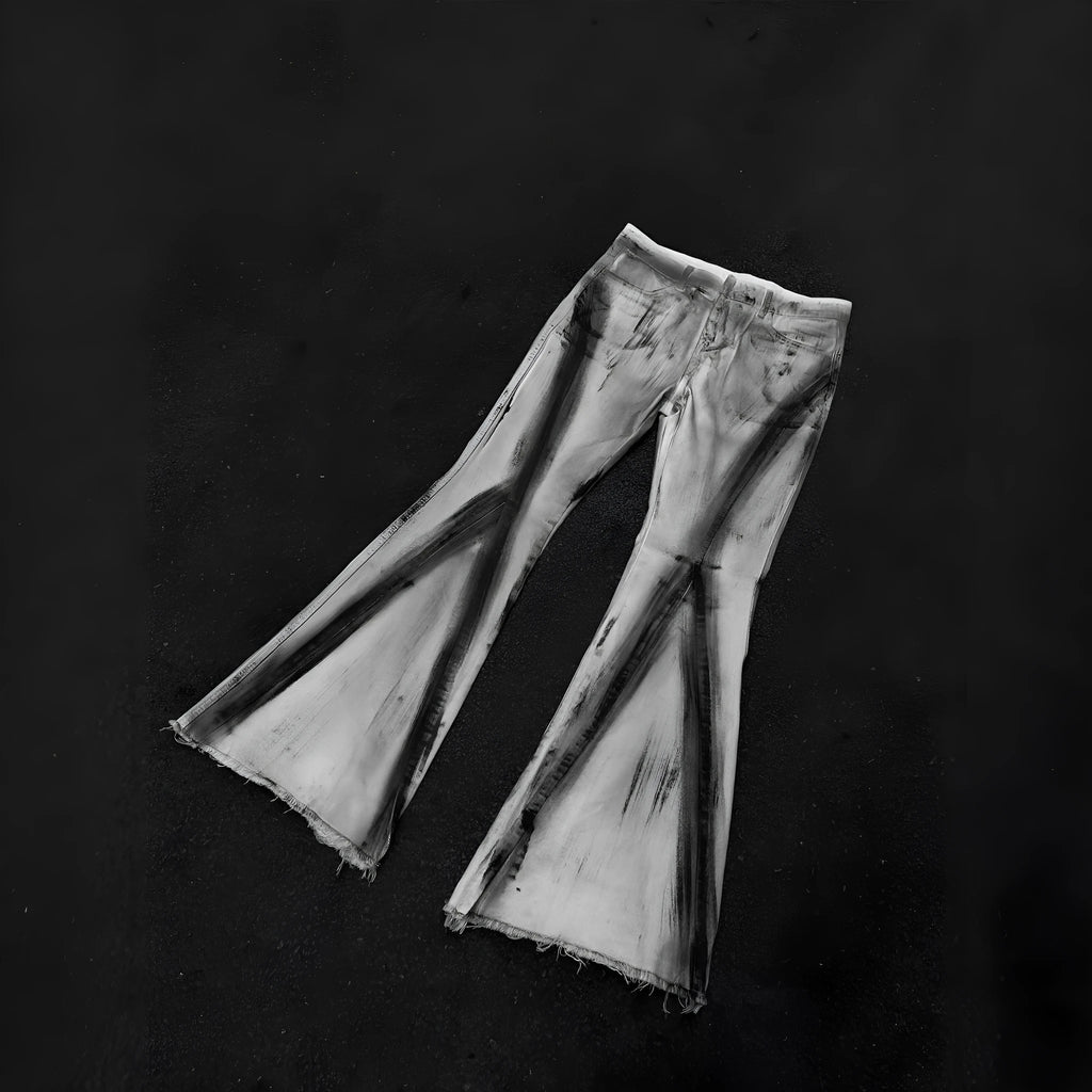 Men's white retro jeans with heavy rough denim texture and black ribbon gradient colour detail on the legs.