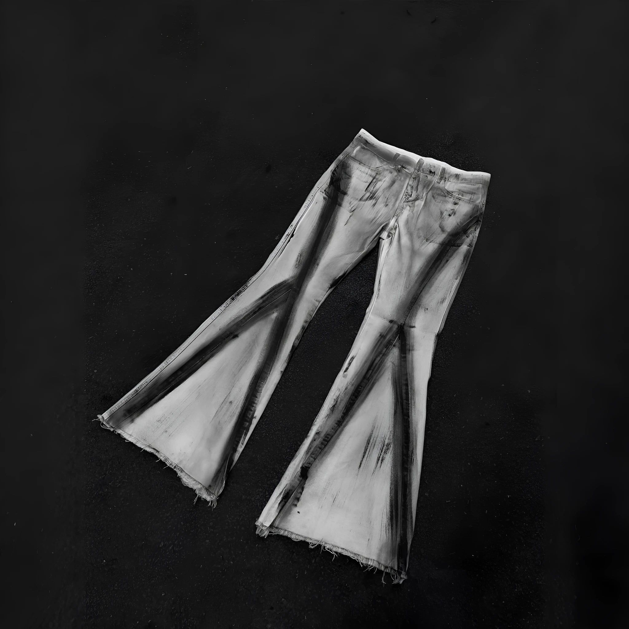 Men's white retro jeans with heavy rough denim texture and black ribbon gradient colour detail on the legs.