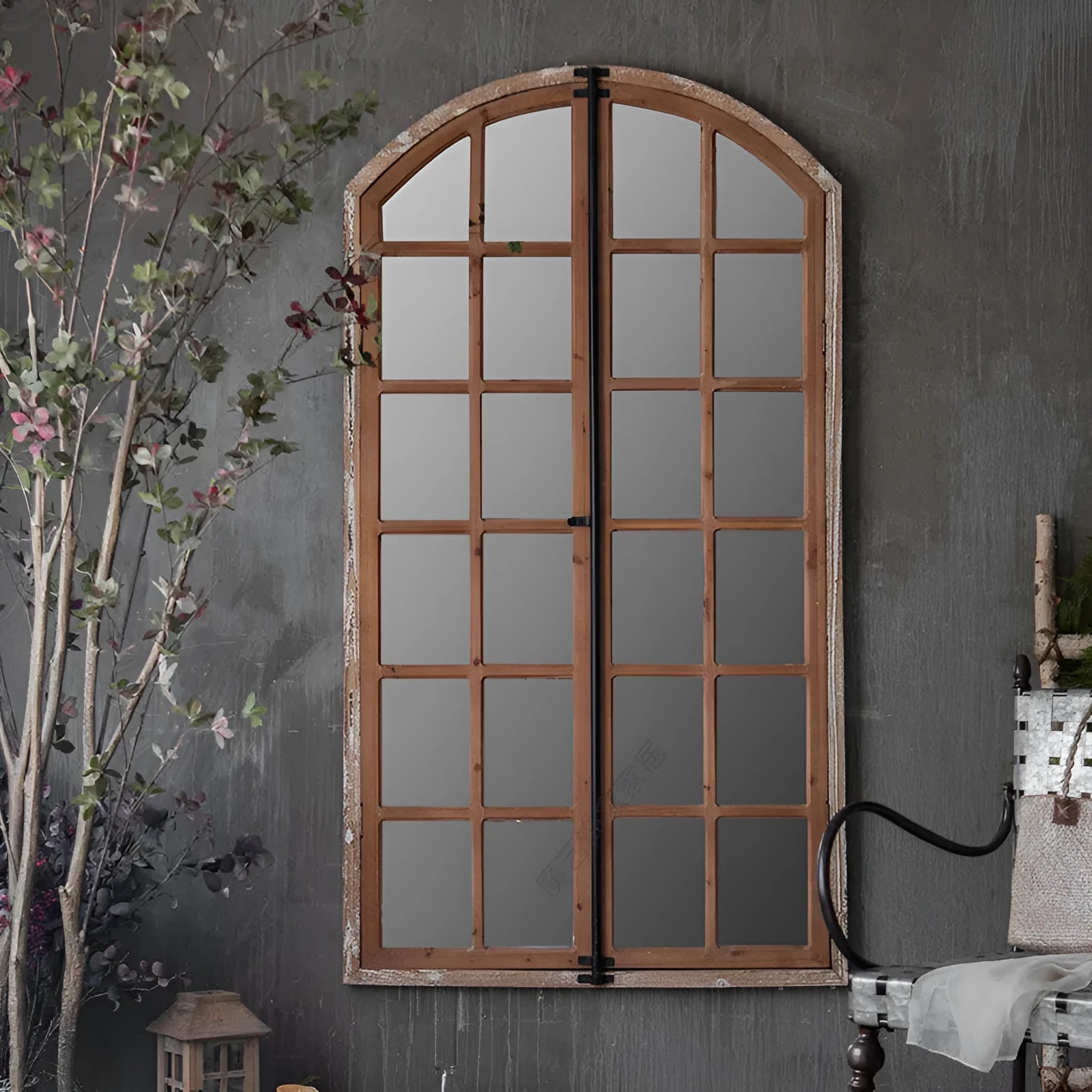 Terrace distressed fake window wall mirror panel in log colour