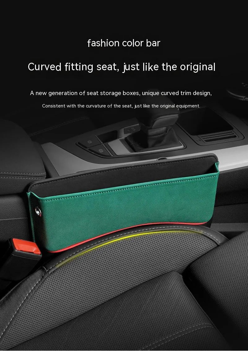 Leather car seat storage box in a choice of five colours on a car rear seat.