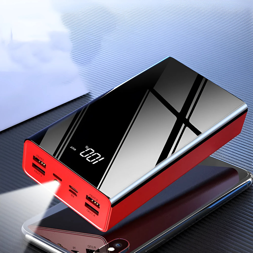 Large 40000mAh power bank with LCD screen in red and black colour options