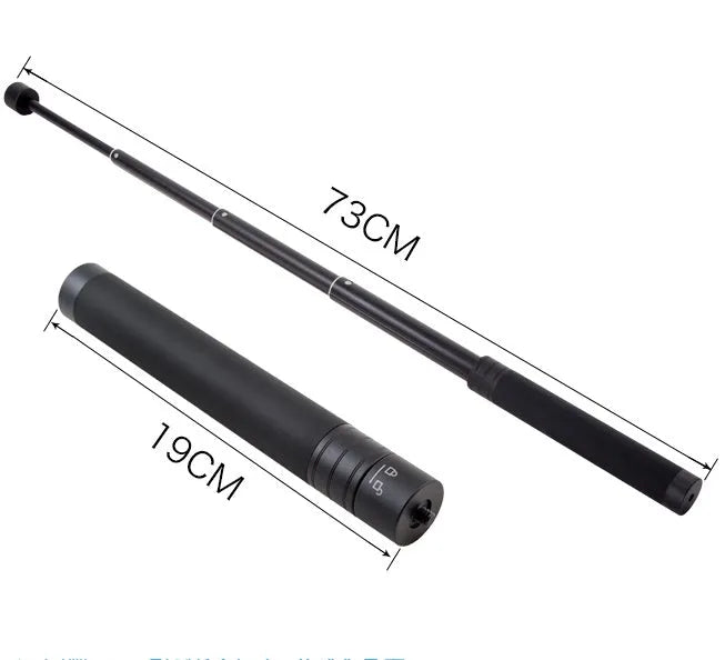 Black retractable aluminium selfie stick fully extended to 180cm with a smartphone attached.