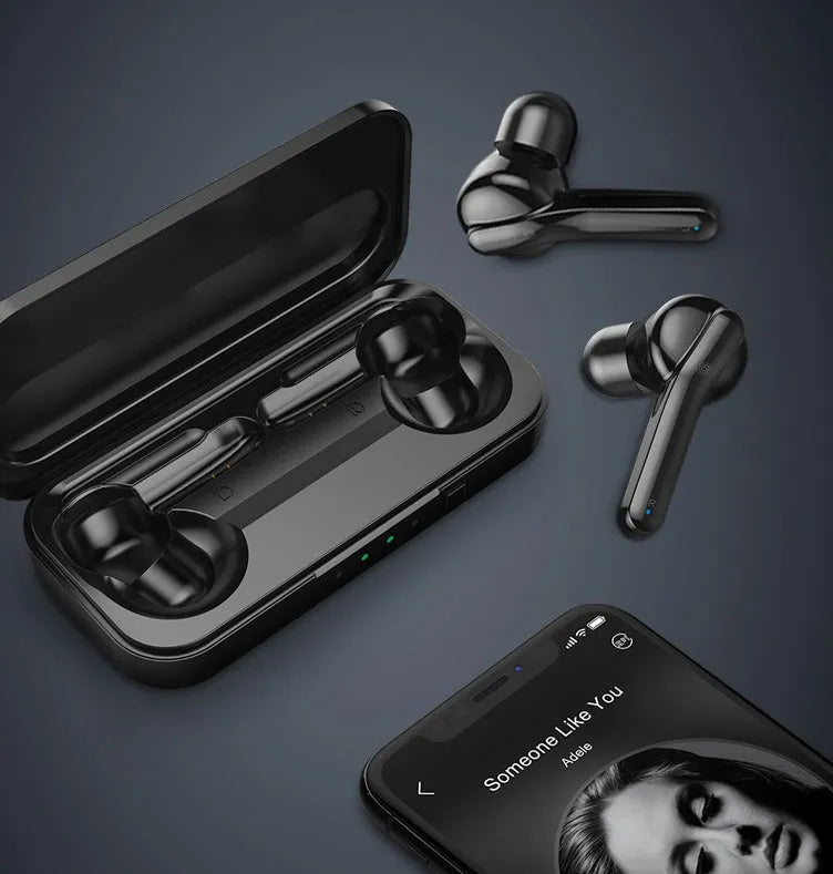 Black and white TWS wireless Bluetooth 5.0 headphones with IPX5 waterproof rating.