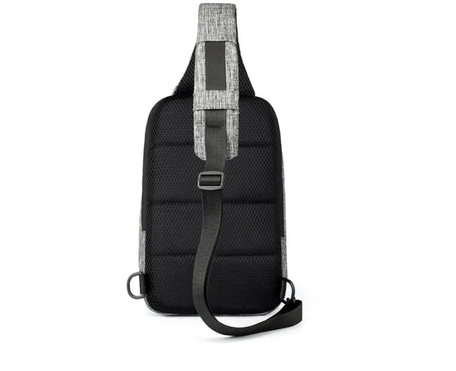 Dark blue waterproof oxford cloth chest bag showing front zipper and crossbody strap