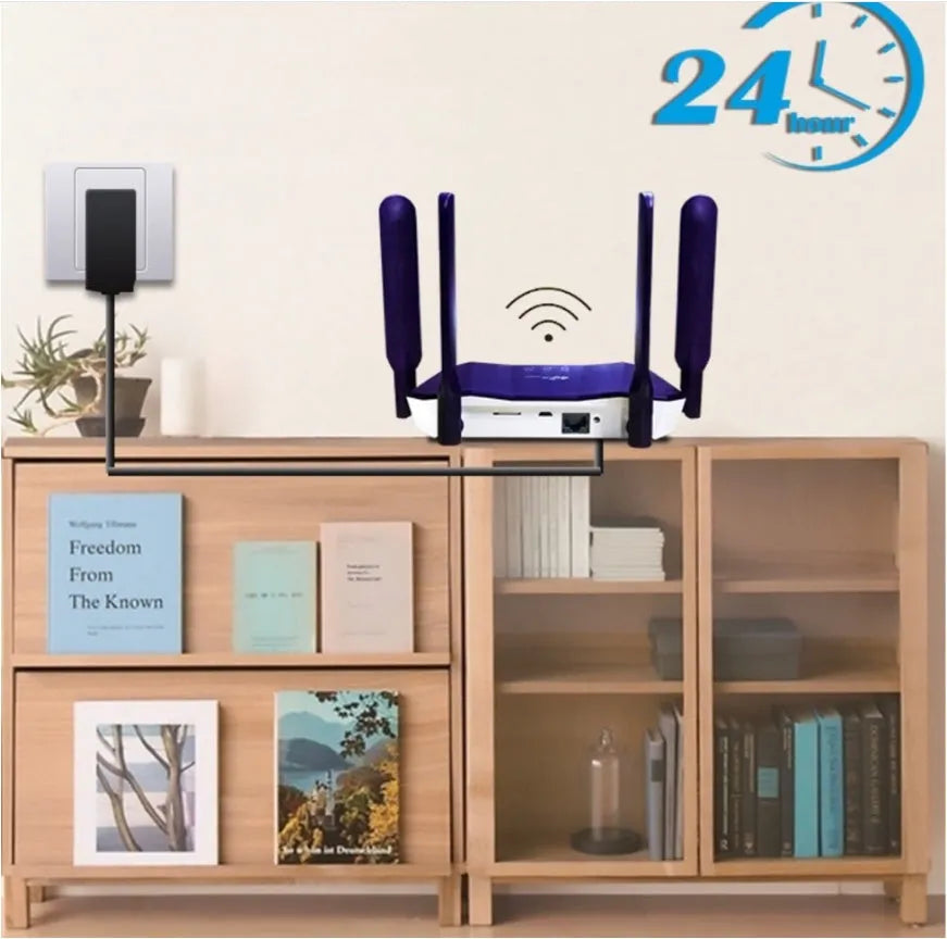 Blue dual-mode 4G and wired router with four extended antennas on a desk