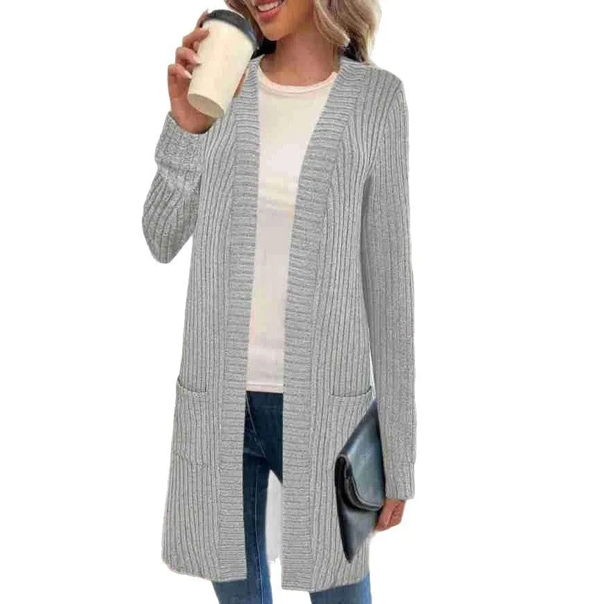 Long sleeve loose pocket knitted cardigan jacket in polyester available in sizes 1XL to 5XL
