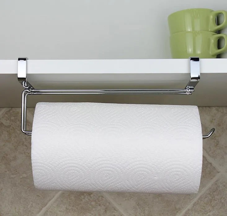Silver stainless steel towel rack for hanging on the back of a kitchen cabinet door