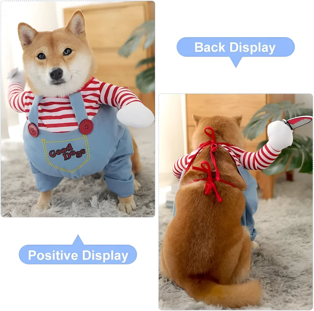 Halloween striped harness pants and bandana 3-piece costume set for dogs and cats with knife accessory