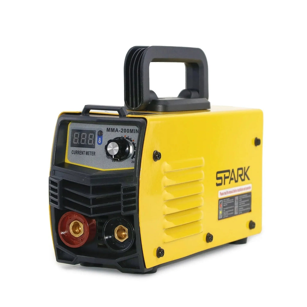 MMA-200MIN 220V inverter DC welding machine with welding tongs, grounding clamp, face shield, and brush hanger
