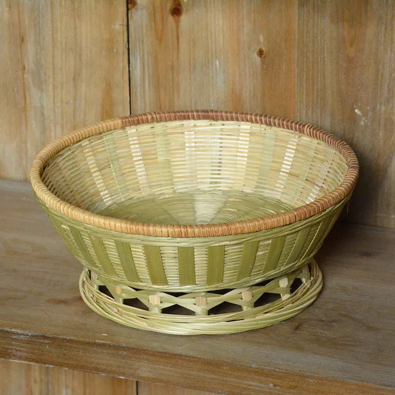 Handmade bamboo storage basket with three compartments measuring 26x8cm, 25x9cm, and 24x12cm
