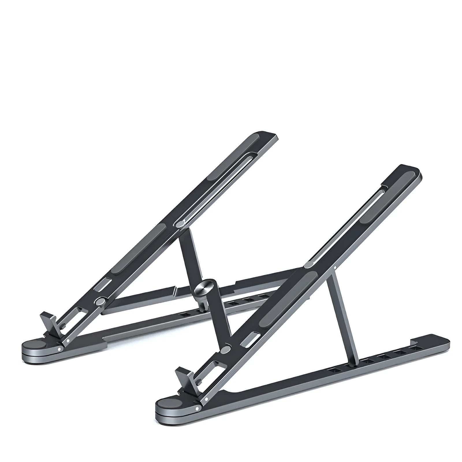 Aluminium foldable laptop stand in silver colour set to medium height with a laptop on top.