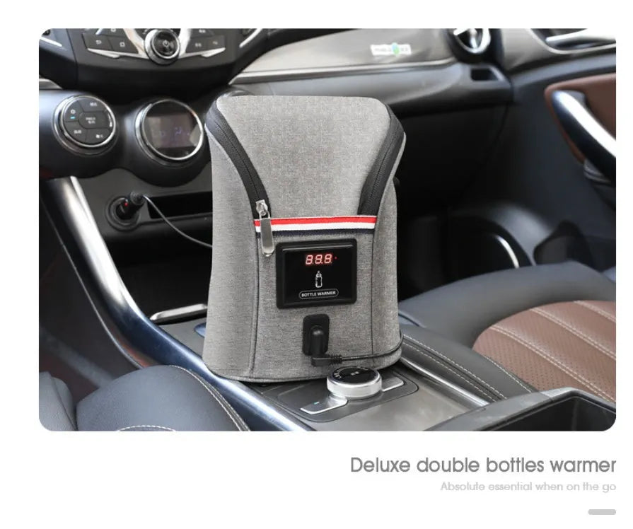 Grey Oxford cloth portable baby bottle warmer with car USB charging and temperature display