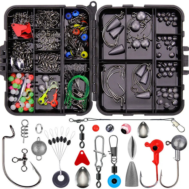 Orange ABS plastic box containing 257 pieces of fishing lure hooks and accessories.