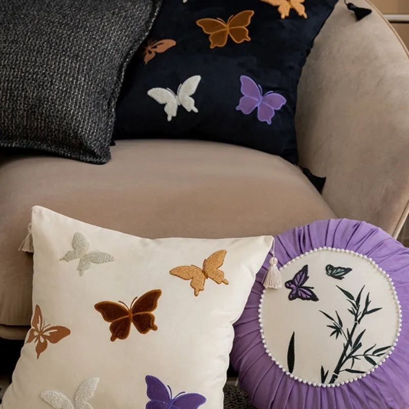 Butterfly embroidery Chinese style cushion 45x45cm in beige, black or purple