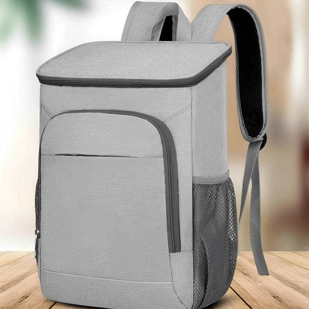 Large black outdoor thermal insulation backpack with curved shoulder straps shown open to reveal compartments