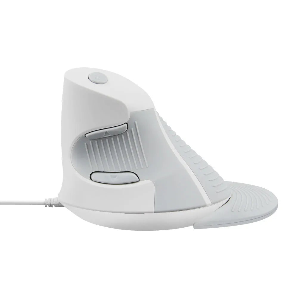 Black and white wired vertical ergonomic mouse for desktop computers on a desk.