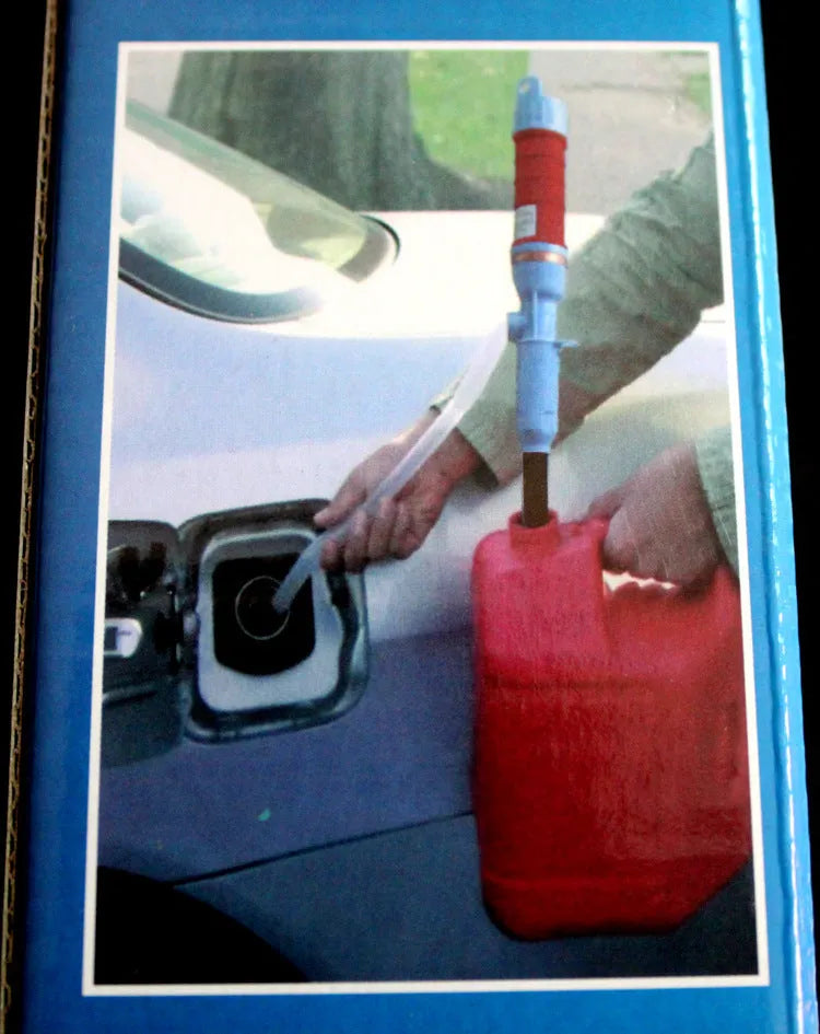 Blue and red manual hand siphon pump for car fuel and oil transfer