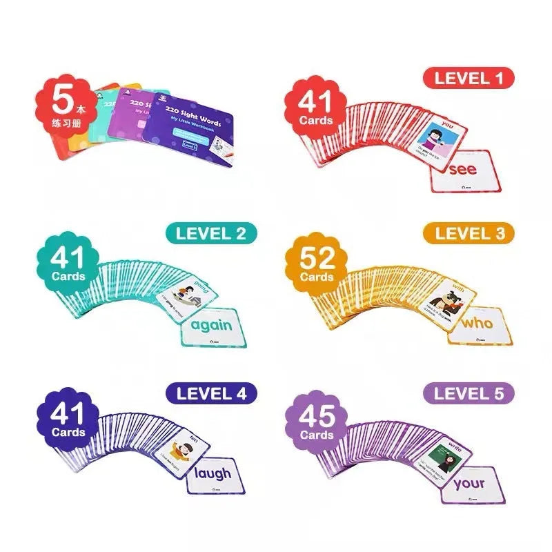 High frequency word card gift box set with 220 game cards and 5 workbooks for early childhood education