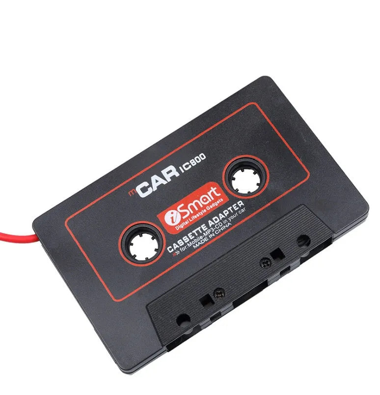Black MP3 car cassette adapter with 3.5mm jack plug for connecting phones and music players.