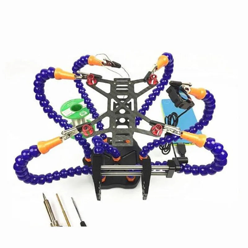 Black or purple aluminium alloy six-jaw model welding station with multiple bendable arms on a non-slip base.
