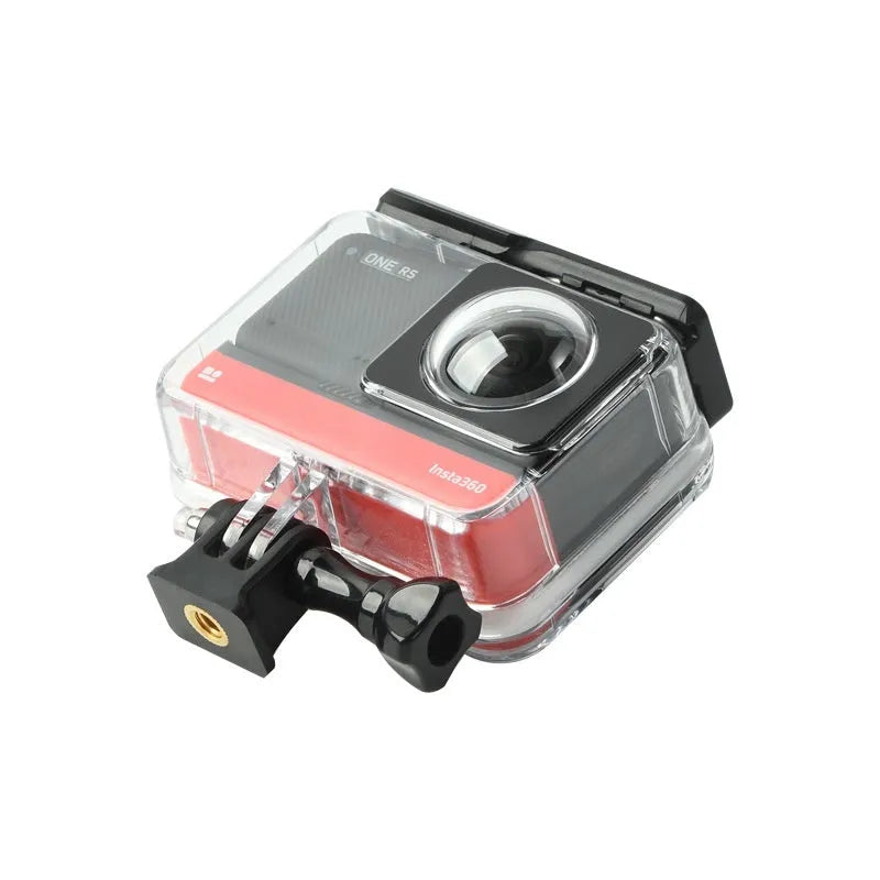 Transparent waterproof housing for Insta360 One RS panoramic camera showing dual-lens protection