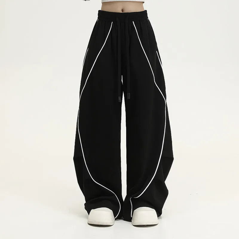Black pleated wide-leg hip hop trousers with striped pattern and loose fit