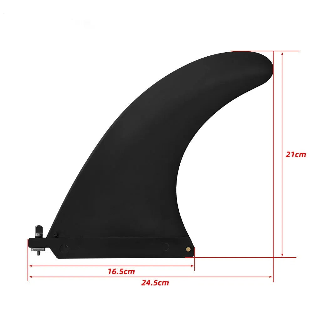 SUP paddle with large removable plastic fish fins showing screw attachment system