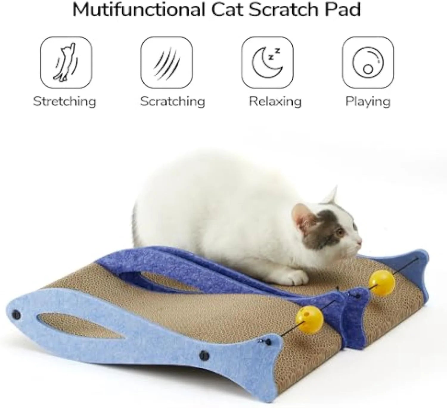 Blue fish-shaped cat scratcher with bell ball toys on elastic cord for scratching and play